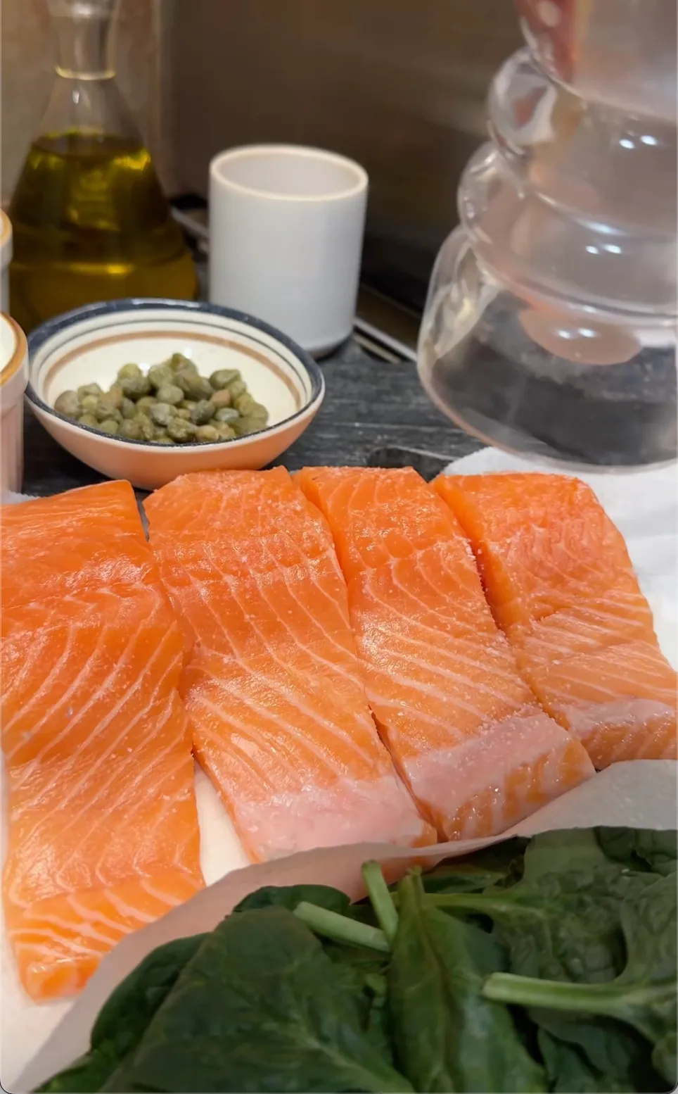 Creamy Salmon with Spinach, Sun-dried Tomatoes and Capers.