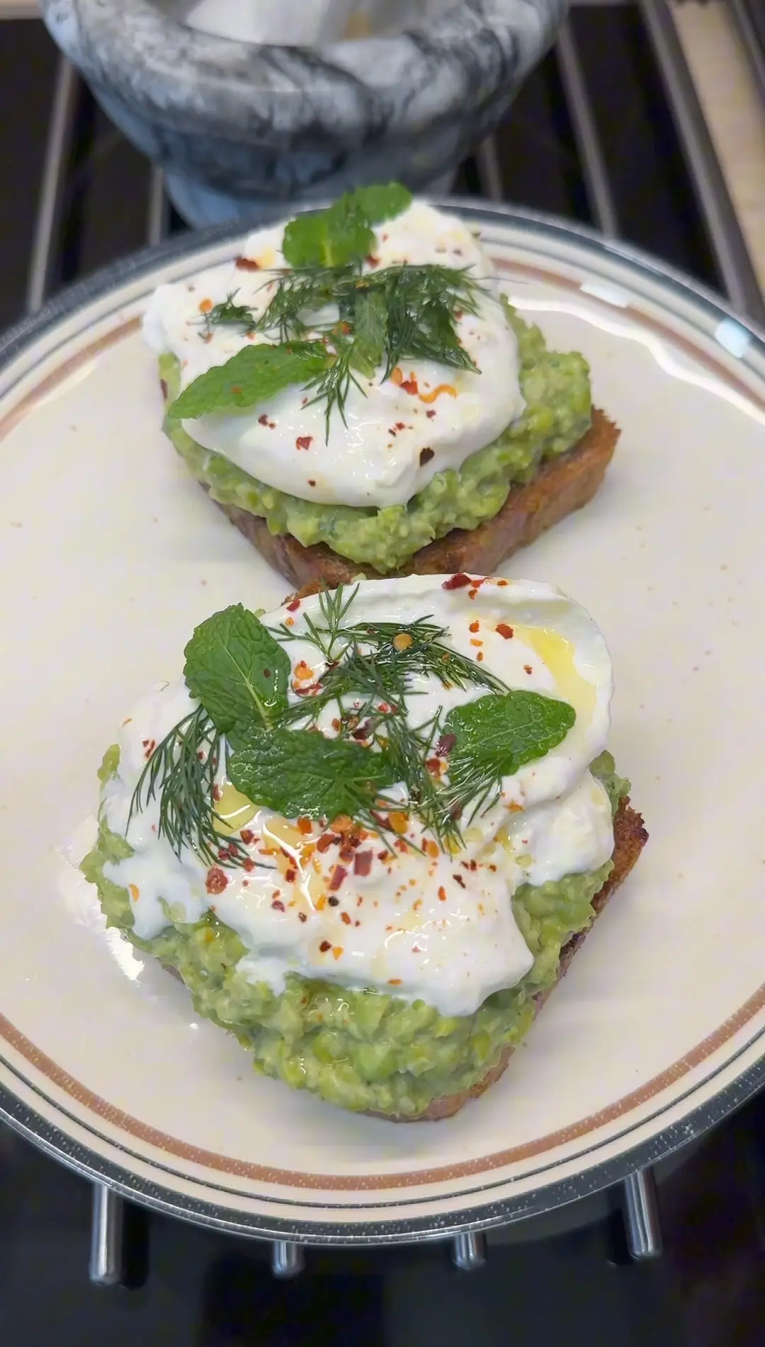 Smashed Pea Toasts with Burrat